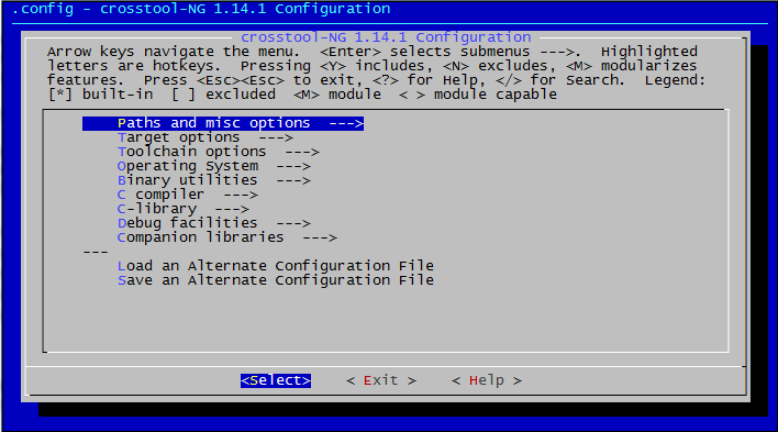 crosstool-NG configuration menu